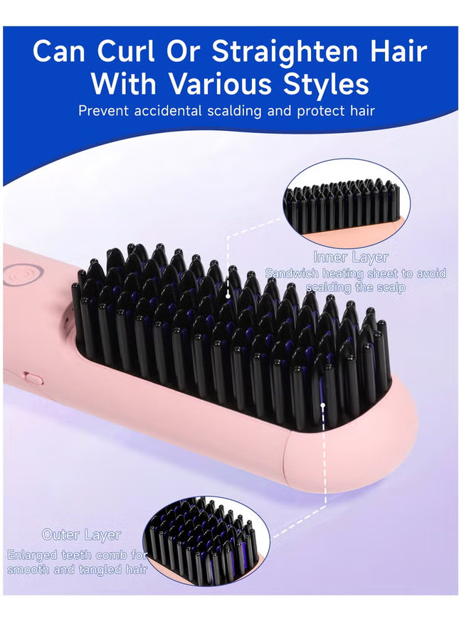 Cordless Hair Straightener Comb Detachable for Easy Clean, 200M Ions, 6 Speed Smart Temp, Dual Charging, Ideal for On - the - Go Styling - Pink