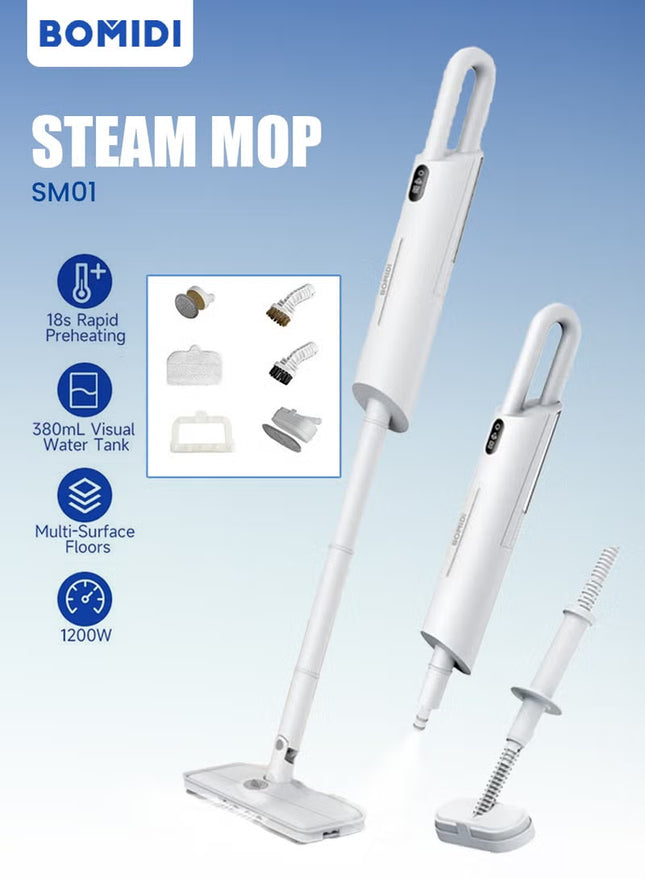 1200W High-Power Steam Mop for Multi-Surface Floors (Wood/Tile/Carpet) with Adjustable Steam, 18s Fast Heating, 380mL Visual Tank & Aromatherapy Function