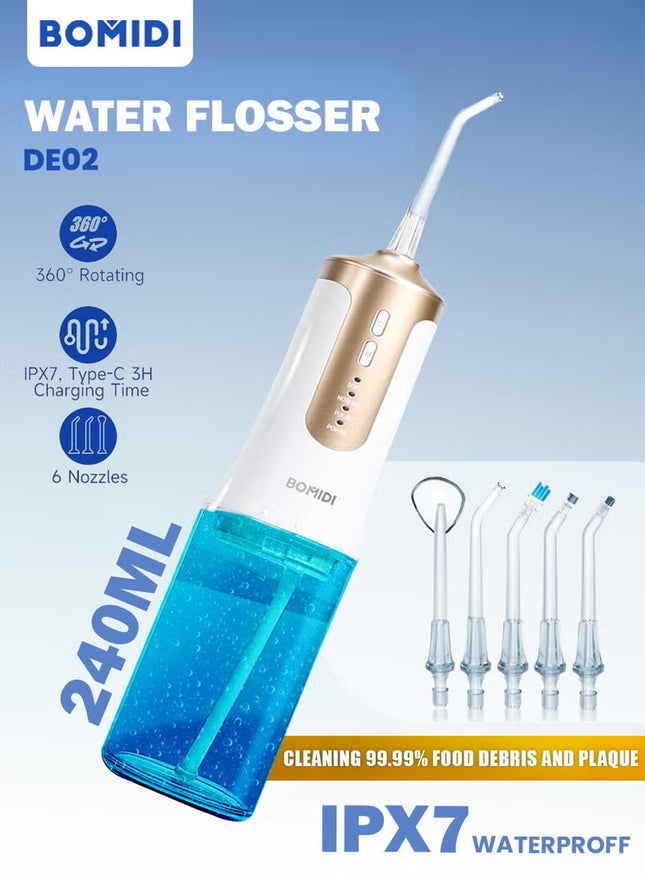 BOMIDI DE02 جهاز تنظيف الأسنان بالماء المحمول، خزان مياه سعة 240 مل - أبيض/ذهبي