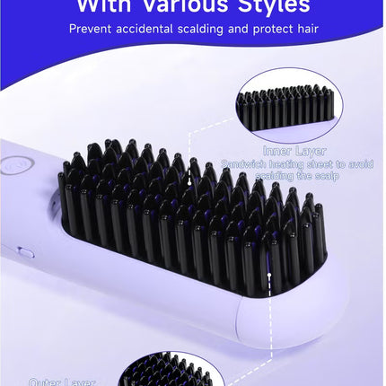 Cordless Hair Straightener Comb Detachable for Easy Clean , 200M Ions, 6 Speed Smart Temp, Dual Charging, Ideal for On - the - Go Styling - Purple