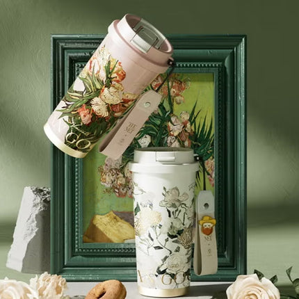 Van Gogh White Roses Stainless Steel Tumbler 500ml | GERM × The MET Insulated Vacuum Cup with Straw Lid | BPA-Free, Leak-Proof Thermos | Hot & Cold Travel Mug for Office, School, Car, Gym | Artistic Floral Design