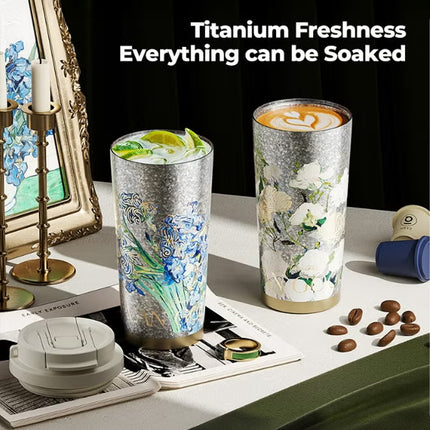 Van Gogh Irises Titanium Vacuum Tumbler 500ml | GERM × THE MET Series Insulated Flask with Straw Lid | Pure Titanium Leak-Proof Coffee Mug | BPA-Free Reusable Hot & Cold Travel Cup