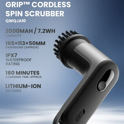 HOTO Grip Cordless Spin Scrubber – Ultra-Light 0.65 lb Kitchen Cleaning Brush, 400 RPM, IPX7 Waterproof, 110-Minute Runtime, Smart Display