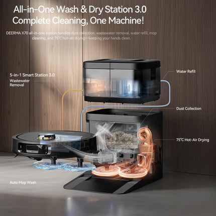 Self- CleaningRobot Vacuum Cleaner with 13000 Pa Suction, Dual Anti-Tangle Brush, and 75℃ Hot Air Drying X70- Black 45 W DEM-X70 black