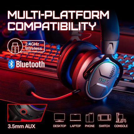 OXS Wireless Gaming Headset, Gaming Headphones with 7.1 Surround Sound & 70Hrs+, 2.4GHz/Wireless/Bluetooth, Over-ear Headphones with USB Type-C and RGB for PC, PS4, PS5, Switch, Laptop, Phone (Black)