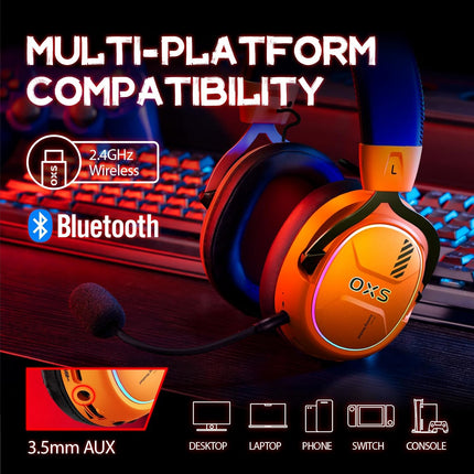 OXS Wireless Gaming Headset, Gaming Headphones with 7.1 Surround Sound & 70Hrs+, 2.4GHz/Wireless/Bluetooth, Over-ear Headphones with USB Type-C and RGB for PC, PS4, PS5, Switch, Laptop, Phone (Orange)