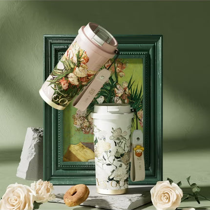 Van Gogh White Roses Stainless Steel Tumbler 500ml | GERM × The MET Insulated Vacuum Cup with Straw Lid | BPA-Free, Leak-Proof Thermos | Hot & Cold Travel Mug for Office, School, Car, Gym | Artistic Floral Design