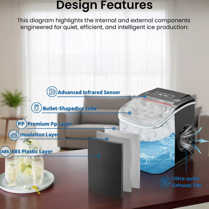 Automatic Ice Maker, 15kg 24hrs Ice Production, Round lce Cube Shape,1.3 Liter Capacity With 6-13mins Ice Making, LED Display 6.2kg 110W for Home Kitchen, Bars, Coffee Shops, Restaurant HZB-16M-Black