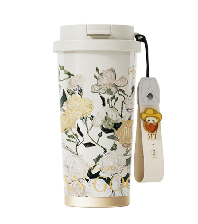 Van Gogh White Roses Stainless Steel Tumbler 500ml | GERM × The MET Insulated Vacuum Cup with Straw Lid | BPA-Free, Leak-Proof Thermos | Hot & Cold Travel Mug for Office, School, Car, Gym | Artistic Floral Design