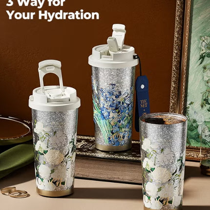 Van Gogh Irises Titanium Vacuum Tumbler 500ml | GERM × THE MET Series Insulated Flask with Straw Lid | Pure Titanium Leak-Proof Coffee Mug | BPA-Free Reusable Hot & Cold Travel Cup