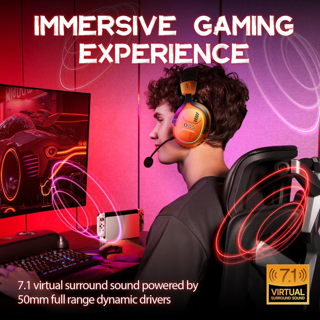 OXS Wireless Gaming Headset, Gaming Headphones with 7.1 Surround Sound & 70Hrs+, 2.4GHz/Wireless/Bluetooth, Over-ear Headphones with USB Type-C and RGB for PC, PS4, PS5, Switch, Laptop, Phone (Orange)