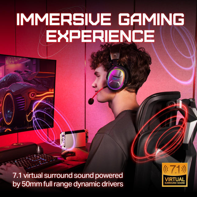 OXS Wireless Gaming Headset, Gaming Headphones with 7.1 Surround Sound & 70Hrs+, 2.4GHz/Wireless/Bluetooth, Over-ear Headphones with USB Type-C and RGB for PC, PS4, PS5, Switch, Laptop, Phone (Black)