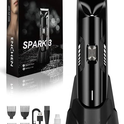 Spark 3 Groin & Body Trimmer Kit for Men, Waterproof,LED Spotlight, Ceramic Blades, Type-C Charging, 4 Adjustable Combs (3mm–12mm), Full Body Grooming Tool-Black