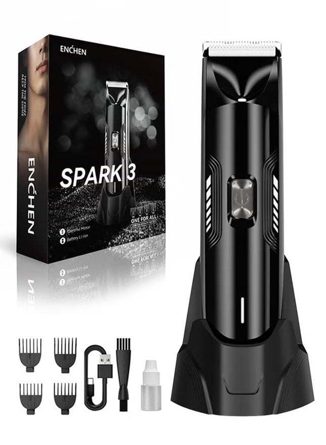 Spark 3 Groin & Body Trimmer Kit for Men, Waterproof,LED Spotlight, Ceramic Blades, Type-C Charging, 4 Adjustable Combs (3mm–12mm), Full Body Grooming Tool-Black