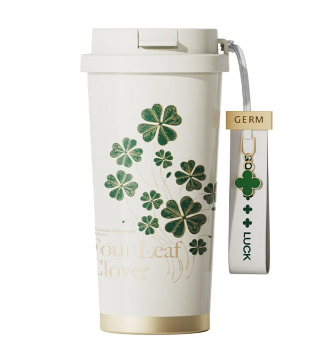 Happy Green Coffee Tumbler 500ml | GERM Clover Shining Series Stainless Steel Vacuum Flask with Straw Lid | BPA-Free Leak-Proof Insulated Travel Cup | Hot & Cold Reusable Mug for Office, School & Daily Use