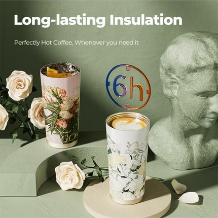 Van Gogh White Roses Stainless Steel Tumbler 500ml | GERM × The MET Insulated Vacuum Cup with Straw Lid | BPA-Free, Leak-Proof Thermos | Hot & Cold Travel Mug for Office, School, Car, Gym | Artistic Floral Design