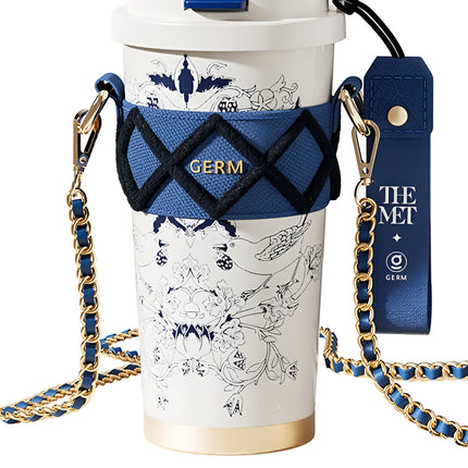 Oriental Blue Floral Thermos Tumbler 500ml | GERM × THE MET Regal Bloom Series Vacuum Mug | BPA-Free Stainless Steel Insulated Cup with Straw Lid | Hot & Cold Travel Bottle | Leak-Proof Art-Inspired Design