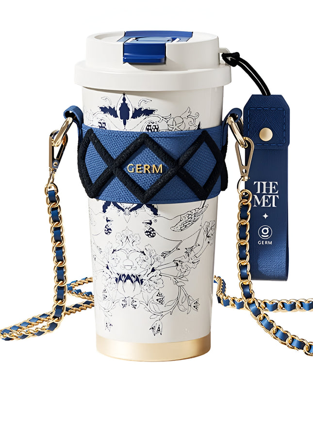 Oriental Blue Floral Thermos Tumbler 500ml | GERM × THE MET Regal Bloom Series Vacuum Mug | BPA-Free Stainless Steel Insulated Cup with Straw Lid | Hot & Cold Travel Bottle | Leak-Proof Art-Inspired Design