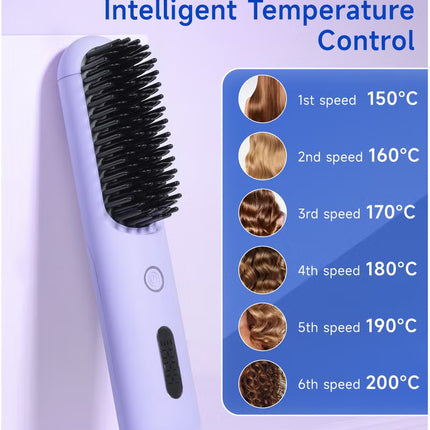 Cordless Hair Straightener Comb Detachable for Easy Clean , 200M Ions, 6 Speed Smart Temp, Dual Charging, Ideal for On - the - Go Styling - Purple