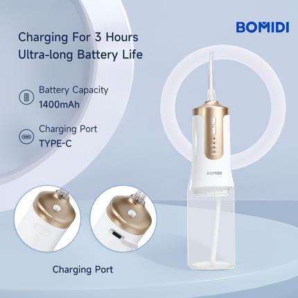 BOMIDI DE02 Portable Water Flosser, 240 ml Water Tank - White/Gold - ORRO HOME