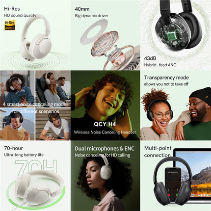 QCY H4 Headphone, Over-Ear Design, Hi-Res Audio, Crystal Clear Call with 43dB Noise Cancellation - Black - ORRO HOME