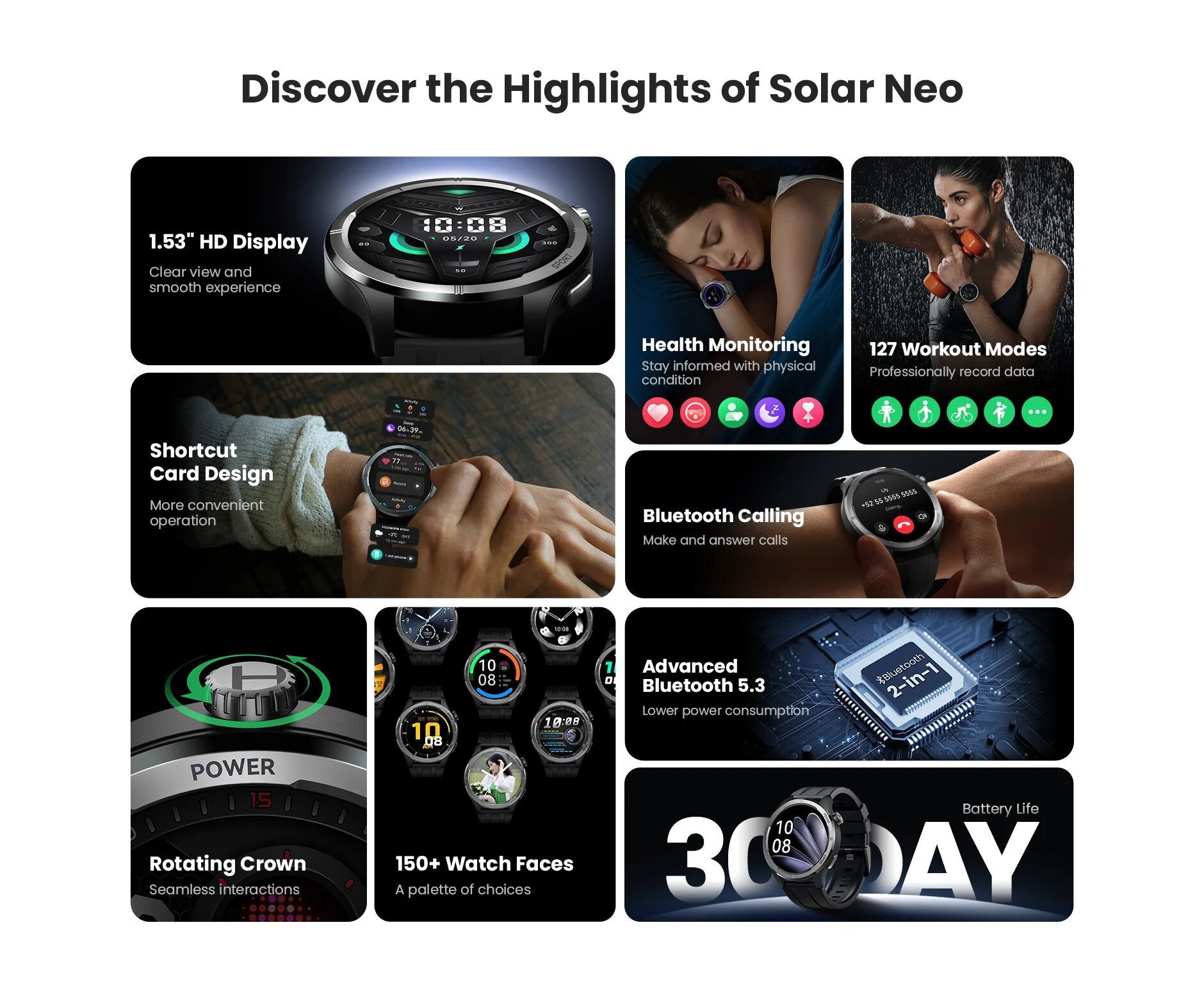 Haylou Solar Neo HF008 Smart Watch, 1.53" HD Display, Smart Message Notifications - Black - ORRO HOME