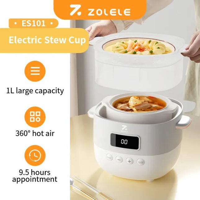 ZOLELE ES101 Elctric Stew Pot Smart Slow Cooker, 1 Liter Capacity Ceramic Inner Pot - White - ORRO HOME