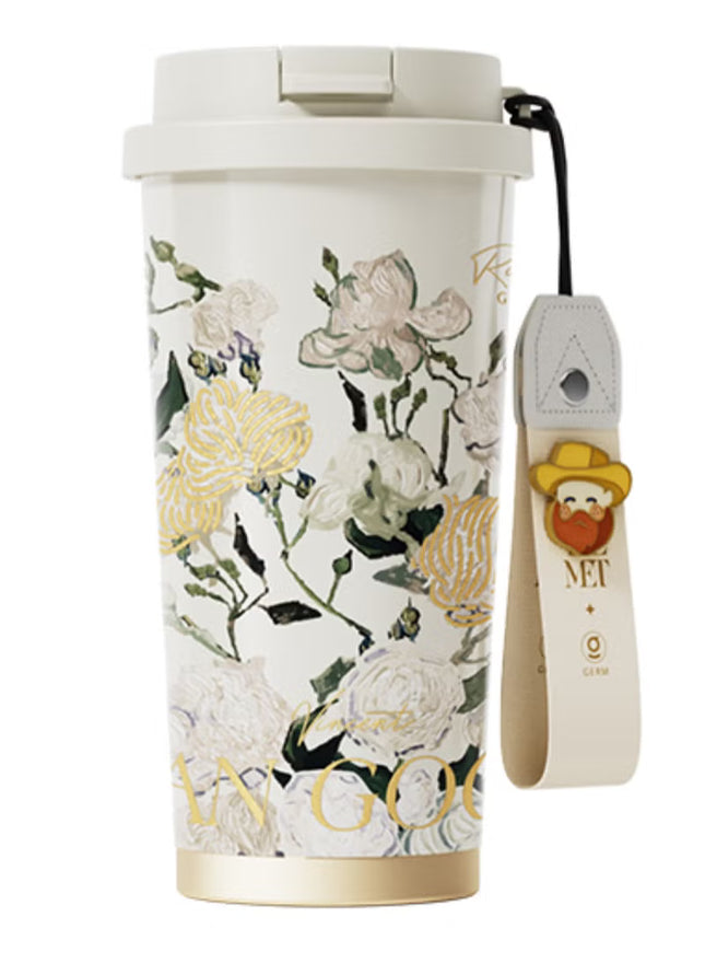 Van Gogh White Roses Stainless Steel Tumbler 500ml | GERM × The MET Insulated Vacuum Cup with Straw Lid | BPA-Free, Leak-Proof Thermos | Hot & Cold Travel Mug for Office, School, Car, Gym | Artistic Floral Design