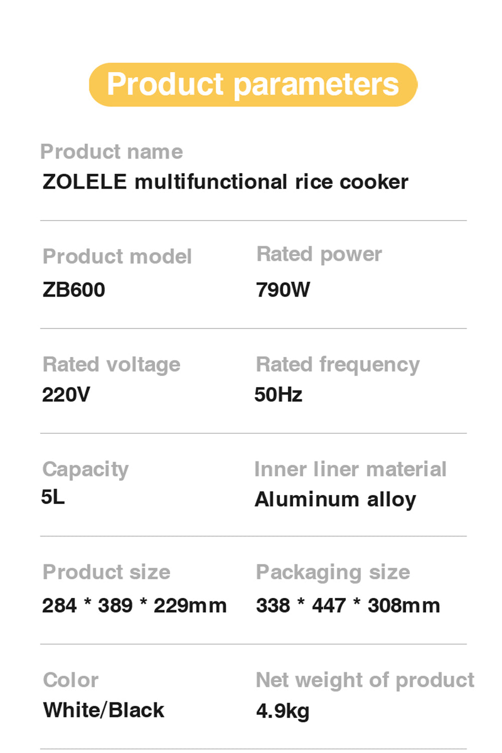 ZOLELE Smart Rice Cooker 5L ZB600 - White - ORRO HOME