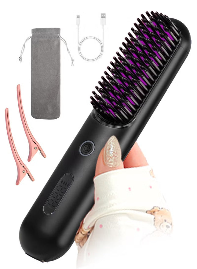 Cordless Hair Straightener Comb Detachable for Easy Clean, 200M Ions, 6 Speed Smart Temp, Dual Charging, Ideal for On - the - Go Styling - Black