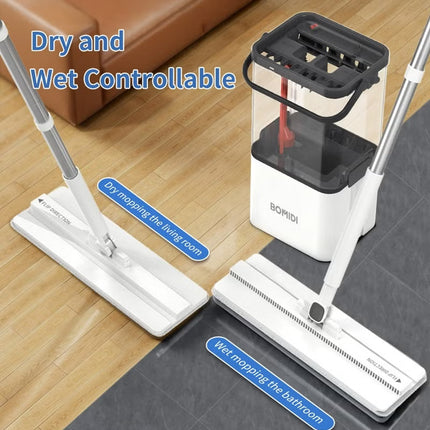 Flat Floor Mop – 360° Spin Mop for Wet & Dry Cleaning with Visual Water Bucket - BOMIDI M21