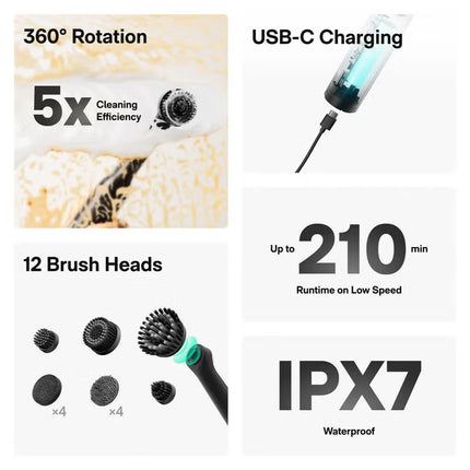 HOTO Wand Cordless Spin Scrubber – 360° Rotating Electric Cleaning Brush with 12 Magnetic Brush Heads, 210-Minute Runtime, IPX7 Waterproof, USB-C Rechargeable