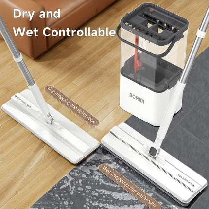 Flat Floor Mop – 360° Spin Mop for Wet & Dry Cleaning with Visual Water Bucket - BOMIDI M21