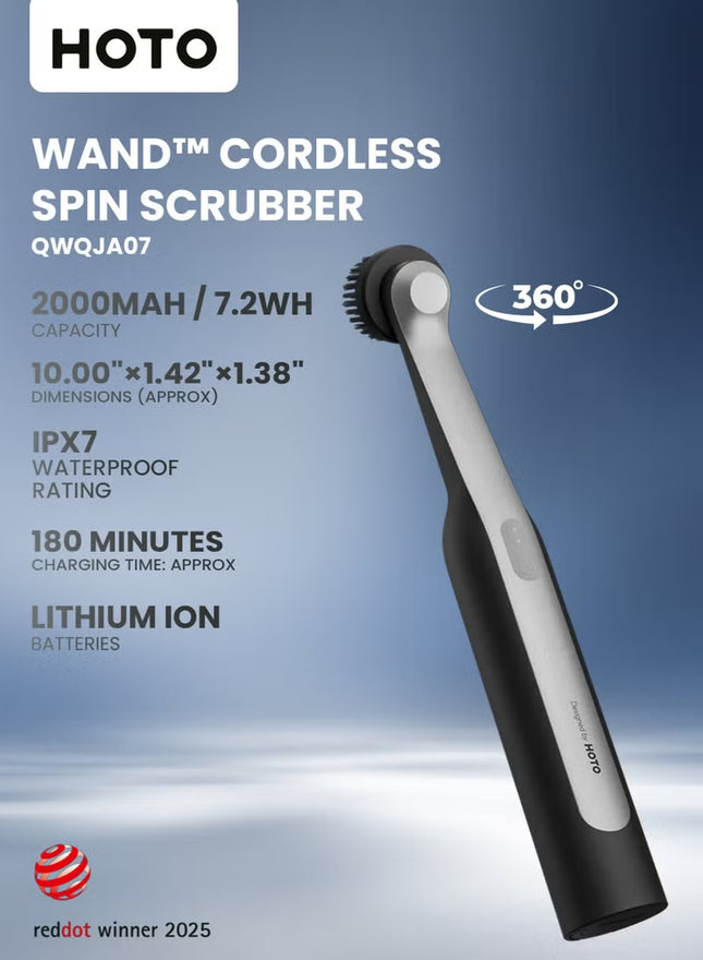 HOTO Wand Cordless Spin Scrubber – 360° Rotating Electric Cleaning Brush with 12 Magnetic Brush Heads, 210-Minute Runtime, IPX7 Waterproof, USB-C Rechargeable