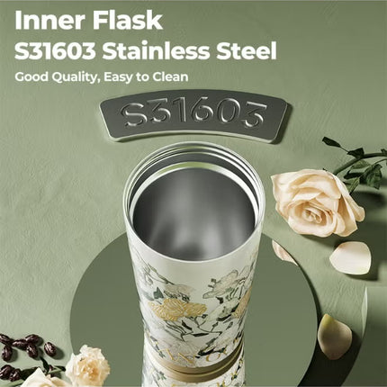 Van Gogh White Roses Stainless Steel Tumbler 500ml | GERM × The MET Insulated Vacuum Cup with Straw Lid | BPA-Free, Leak-Proof Thermos | Hot & Cold Travel Mug for Office, School, Car, Gym | Artistic Floral Design