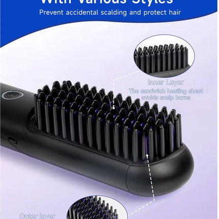 Cordless Hair Straightener Comb Detachable for Easy Clean, 200M Ions, 6 Speed Smart Temp, Dual Charging, Ideal for On - the - Go Styling - Black