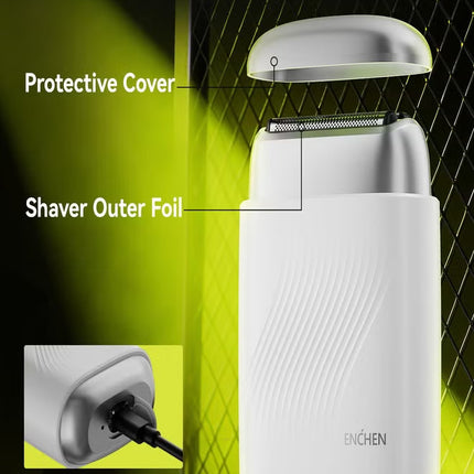 MS006 Mini Compact Foil Shaver 3D Floating Triple-Blade System 6800 RPM/min Type-C Rechargeable Pocket-Size Shaver-White