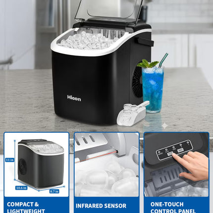 Automatic Ice Maker, 15kg 24hrs Ice Production, Round lce Cube Shape,1.3 Liter Capacity With 6-13mins Ice Making, LED Display 6.2kg 110W for Home Kitchen, Bars, Coffee Shops, Restaurant HZB-16M-Black