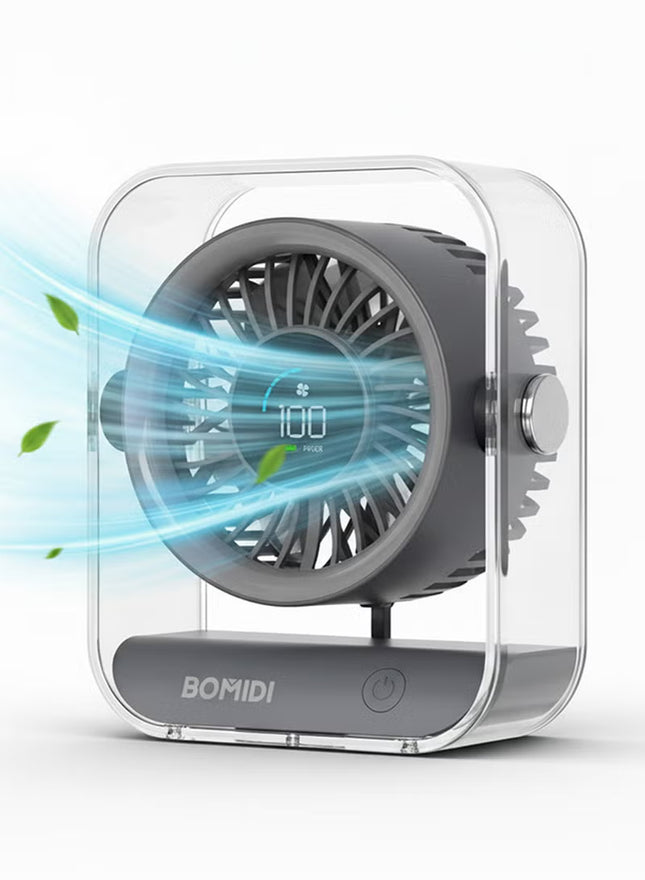 BOMIDI Portable 7-Blade Desktop Fan with LED Digital Display, 3000mAh Rechargeable Battery, Quiet Brushless Motor, Adjustable Angle, Type-C USB Charging – Mini Table Fan for Home, Office, Travel & Outdoor Use