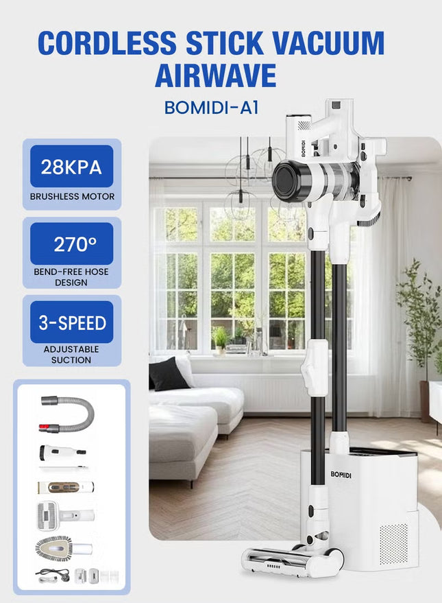 UltraClean Max Cordless Stick Vacuum with Self-Emptying Station, Powerful 28KPA Brushless Motor, 3-Speed Adjustable Suction, Smart LED Display, and Advanced Deep Cleaning Technology for Effortless Home Maintenance