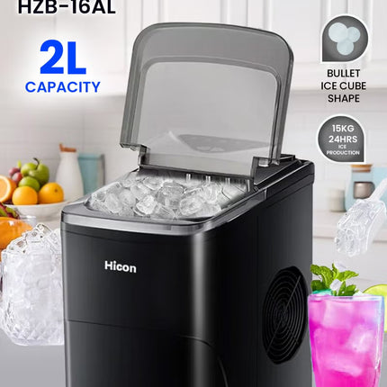 Ice Maker, 15kg of Block Ice in 24 hours, 2L Water Tank Capacity, Ice Completion Alert, LED Display, 105W for Home & Office HZB-16AL -Black