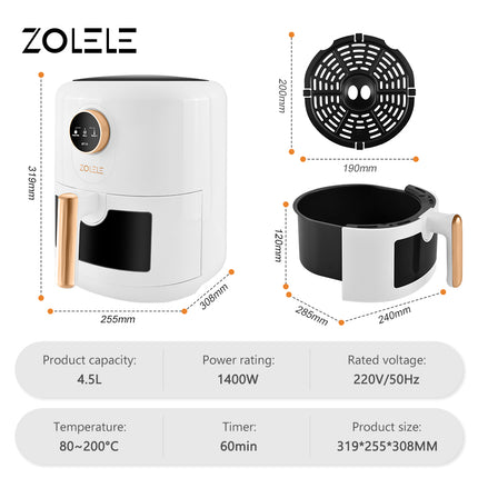 Zolele ZA004 Electric Air Fryer 4.5L Capacity - White - ORRO HOME